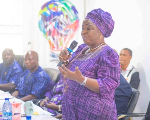 Mrs. M. O. Ojo addressing the audience at NDTA general meeting Lagos State chapter, February 2024.